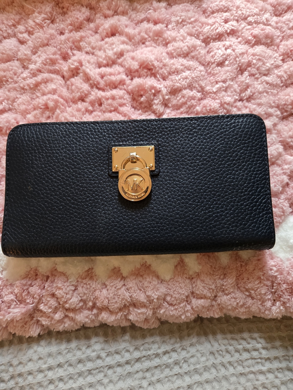 Michael Kors Black Pebbled Leather Continental Wallet with Gold Accent Lock
